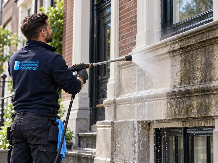 Gevelreiniger aan het werk bij een natuurstenen gevel in Amsterdam