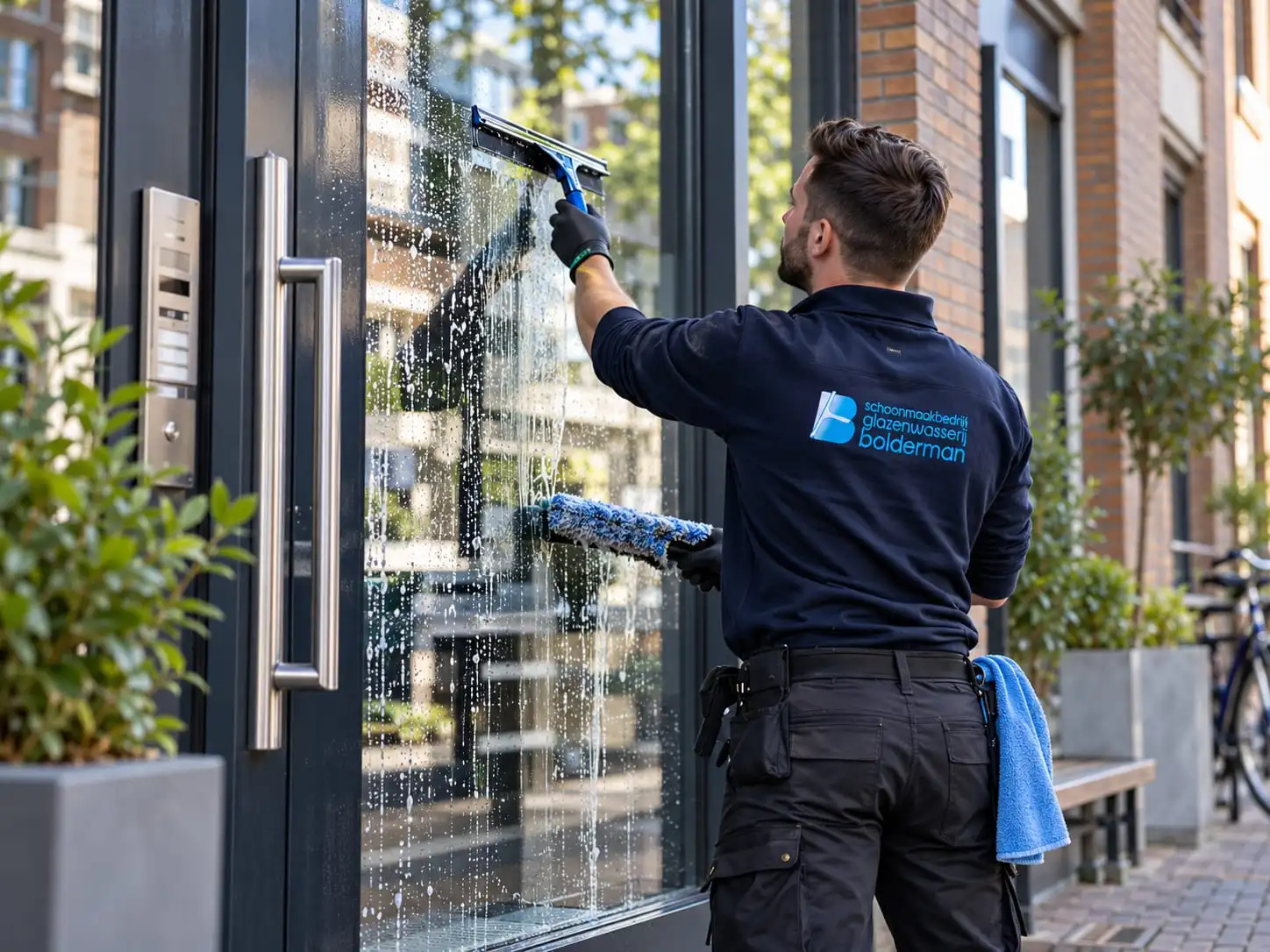 Glazenwasser wast de glazen deur van een bedrijfspand