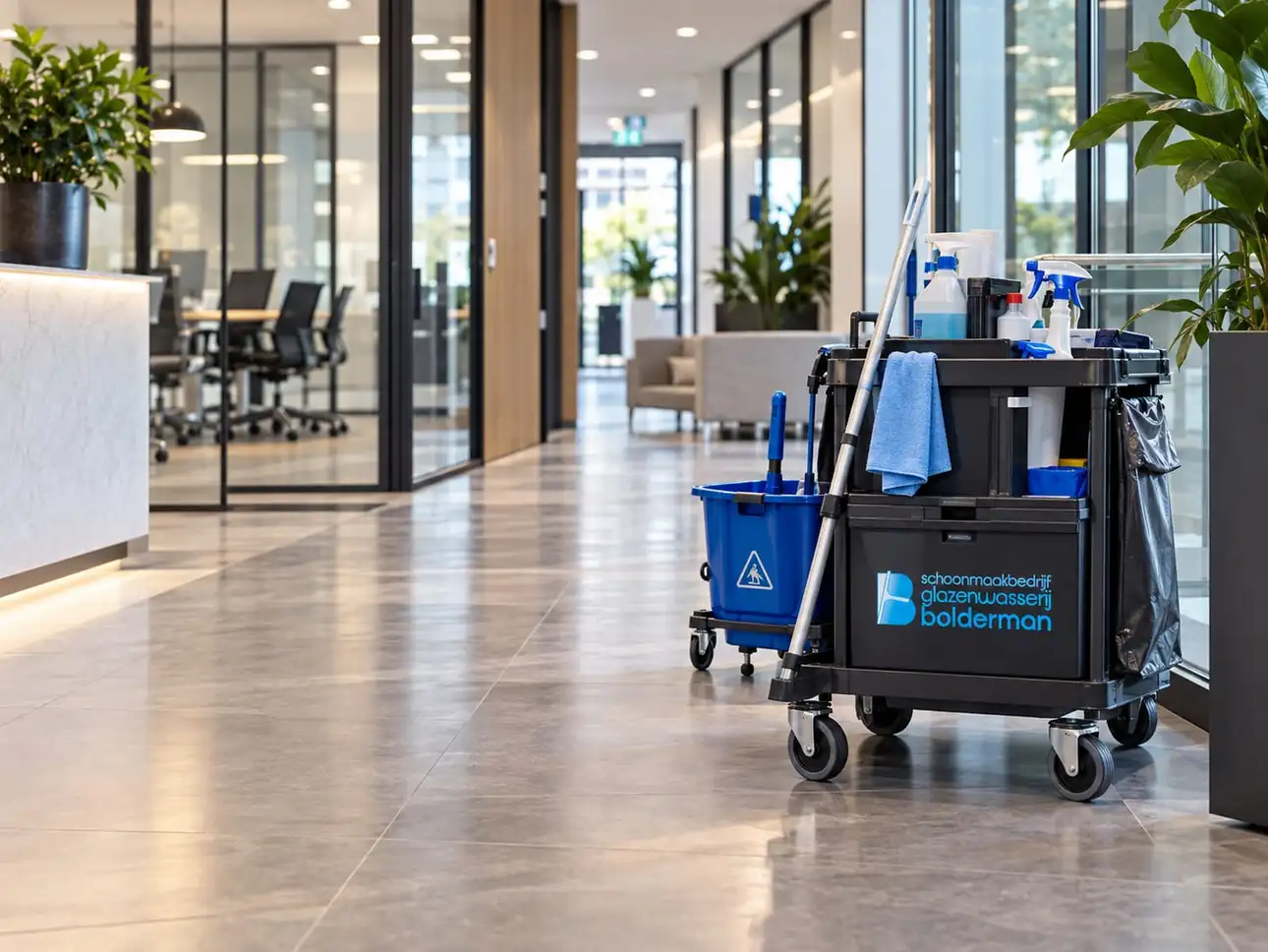 Schoonmaakkar in een kantoorlobby