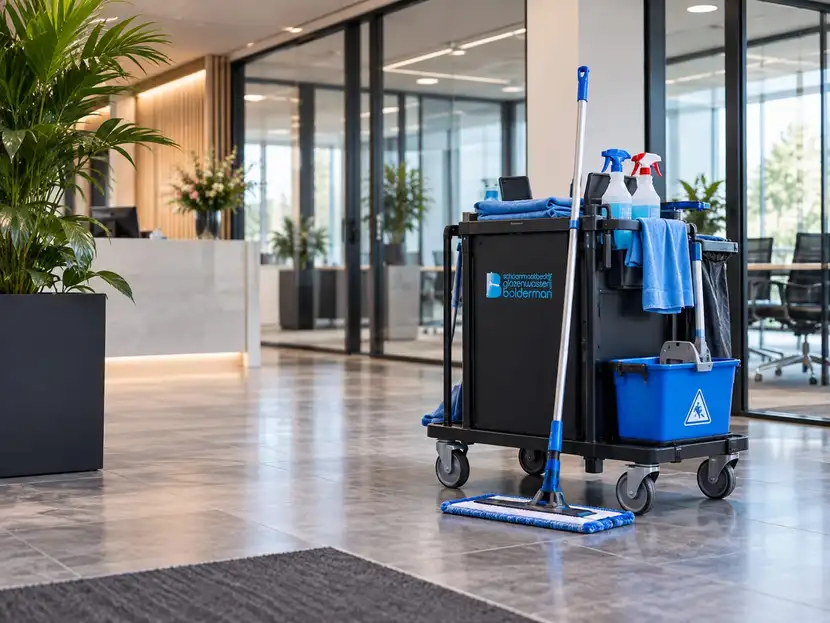 Schoonmaakkar met materialen in een kantoorentree