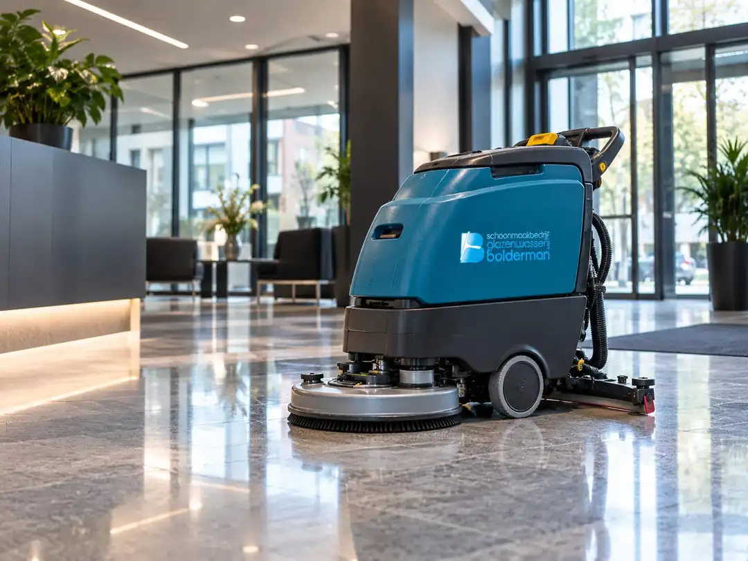Schrobmachine reinigt de vloer van een kantoorlobby