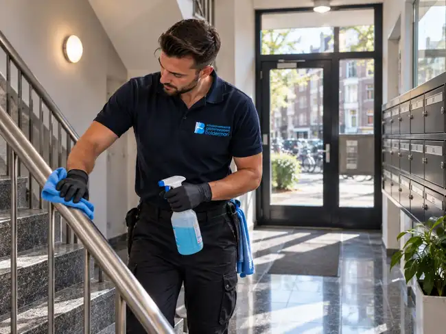 Schoonmaker reinigt de trapleuning in een trappenhuis